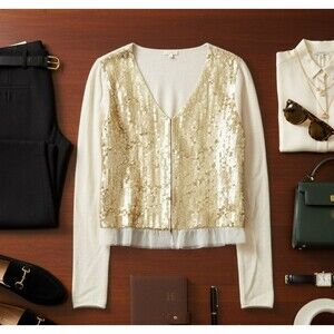 Vintage Cream Cashmere Matte Gold Sequins Cardigan Size‎ L